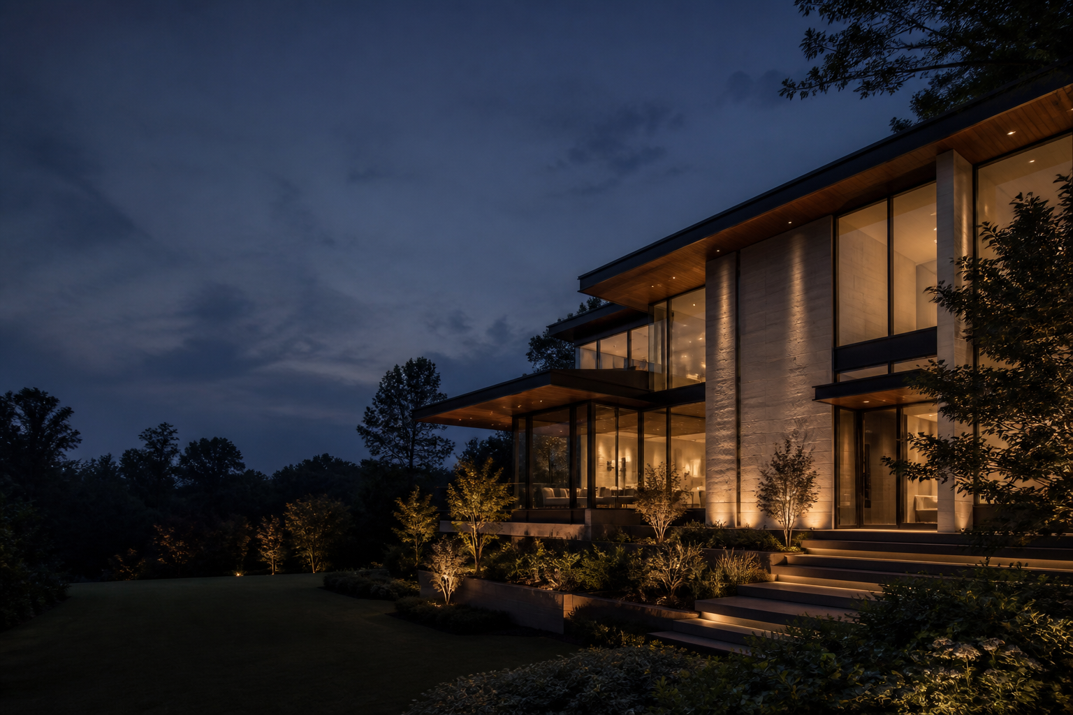 Contemporary residence illuminated at blue hour