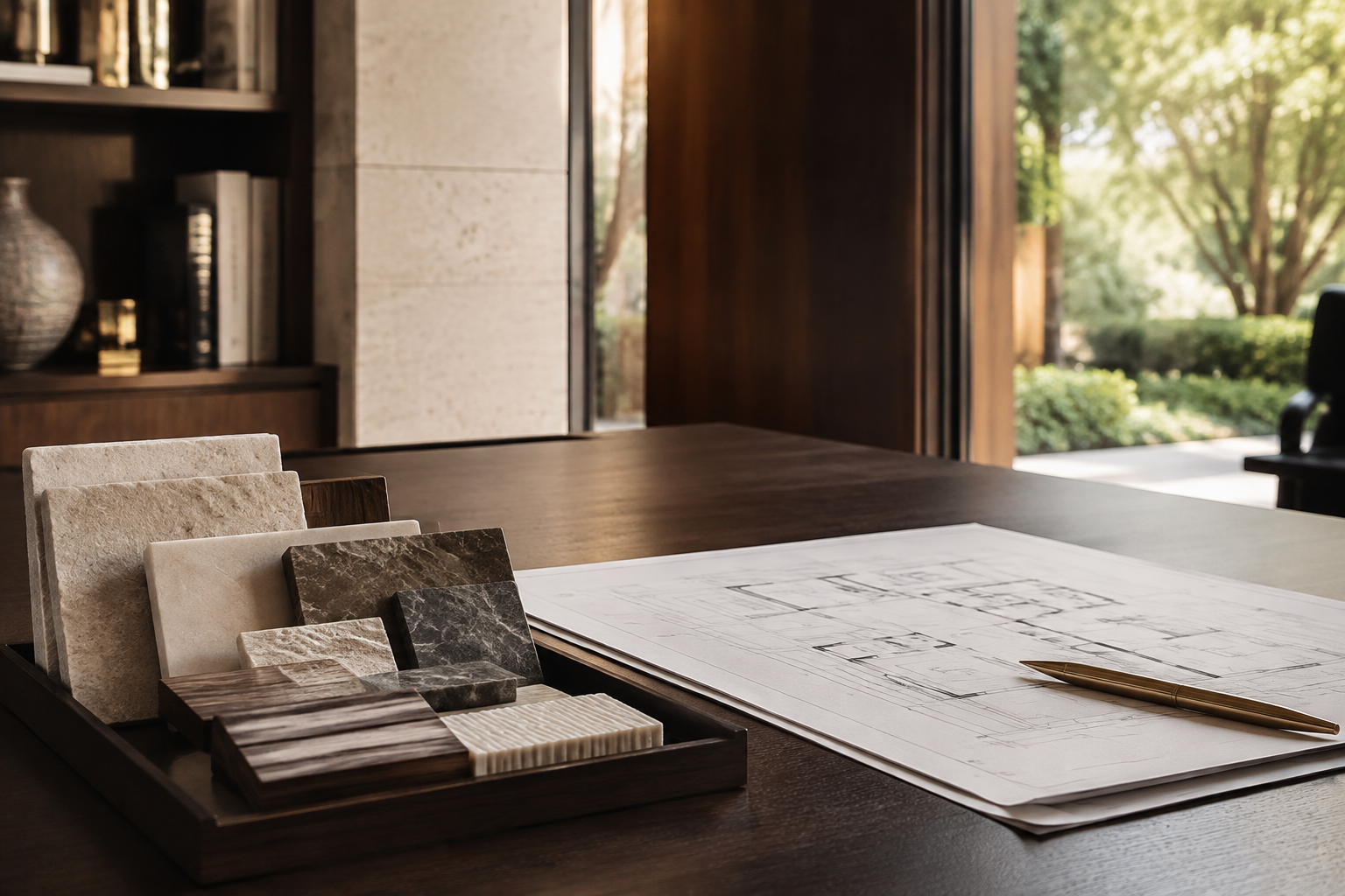 Architectural plans and material samples in a refined home study