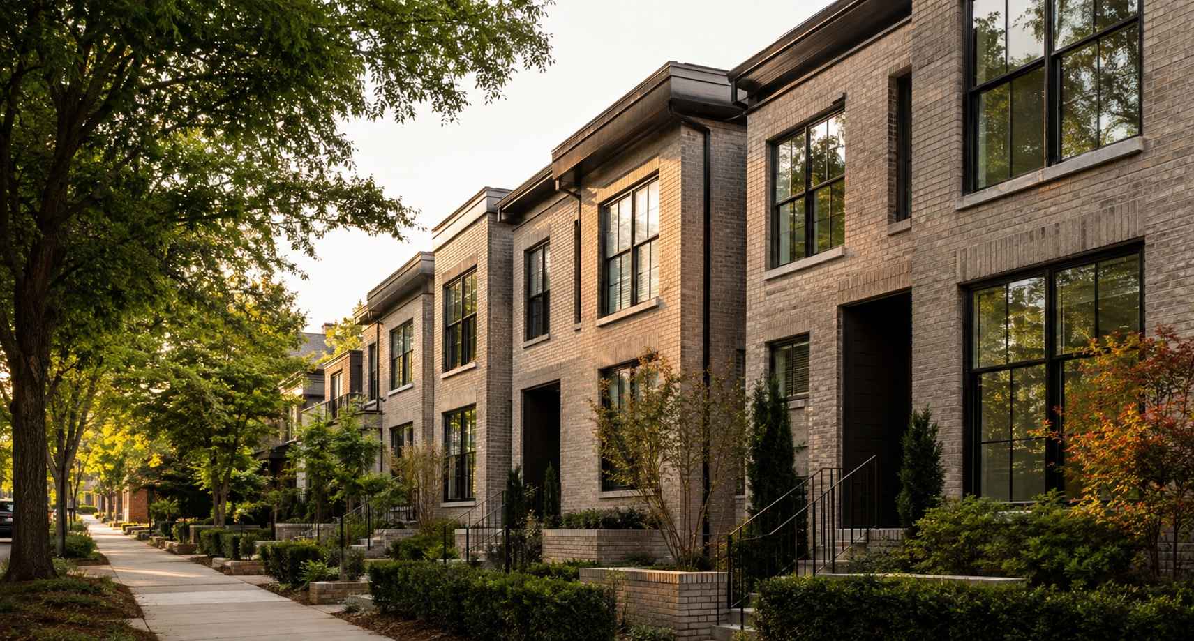 Modern brick townhomes in a tree-lined Atlanta neighborhood